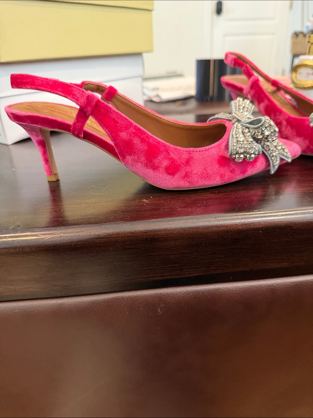 Kurt Geiger Hot Pink Velvet Slingback Flats with Crystal Bow - Picture 2 of 7